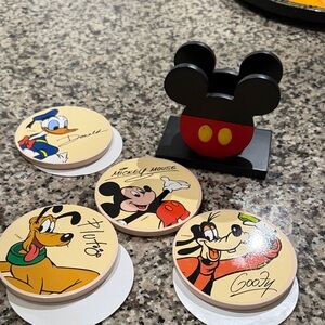 Disney Character Wooden Coaster Set with Mickey Holder - Black, Red, Yellow